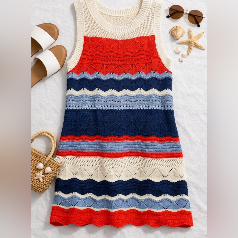 NWT MINKPINK Red and Blue Striped Knit Dress Chevron Beach Coverup Crochet Y2K